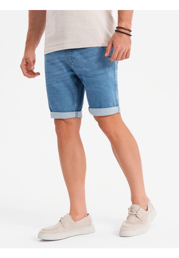 Ombre Clothing - Jeansowe szorty męskie z podwinięta nogawką - jasnoniebieskie V1 OM-SRDS-0161 - XXL. Kolor: niebieski. Materiał: jeans. Sezon: lato. Styl: klasyczny, elegancki