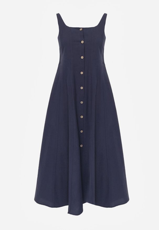 Born2be - Granatowa Rozkloszowana Sukienka z Bawełną Wiskozą i Guzikami Appeia. Okazja: na co dzień. Kolor: niebieski. Materiał: wiskoza, bawełna. Długość rękawa: na ramiączkach. Styl: casual, klasyczny