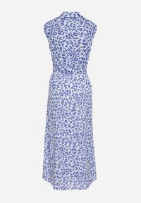 Born2be - Niebieska Koszulowa Sukienka w Zwierzęcy Print Zapinana na Guziki z Materiałowym Paskiem Vespia. Okazja: na imprezę. Typ kołnierza: dekolt w kształcie V. Kolor: niebieski. Materiał: materiał. Wzór: motyw zwierzęcy, nadruk. Typ sukienki: koszulowe. Styl: klasyczny, elegancki #6