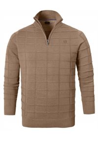 Elegancki Sweter Męski (Zamek) - Pako Jeans - Wysoki Dekolt, Kawa z Mlekiem. Kolor: brązowy, wielokolorowy, beżowy. Materiał: bawełna. Styl: elegancki