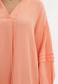 Born2be - Pomarańczowa Bawełniana Sukienka Mini z Ozdobnym Wiązaniem i Przeszyciami na Rękawach Anla. Kolor: pomarańczowy. Materiał: bawełna. Długość rękawa: długi rękaw. Typ sukienki: trapezowe. Długość: mini #3