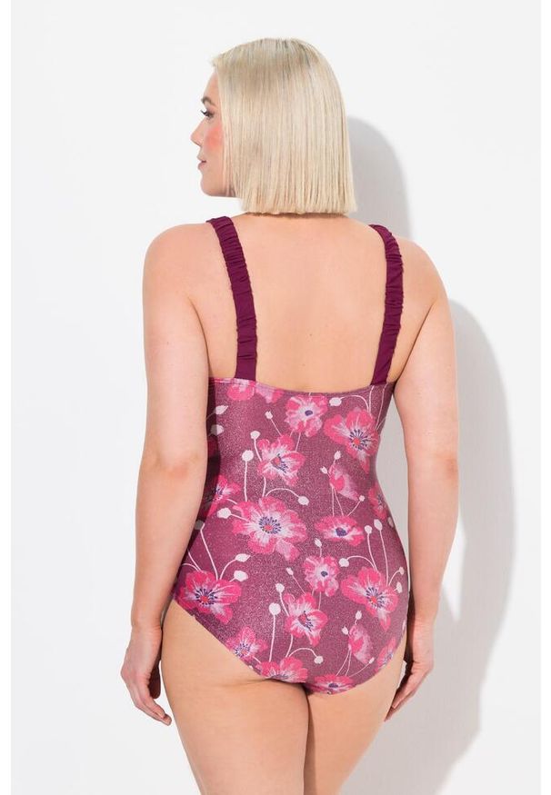ULLA POPKEN - Damski Kostium kąpielowy kwiaty miękkie miseczki regulowane ramiączka. Kolekcja: plus size. Kolor: fioletowy. Materiał: materiał. Wzór: kwiaty