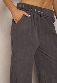Renee - Szare Spodnie Sztruksowe o Szerokim Kroju High Waist z Paskiem Valoma. Okazja: na co dzień. Stan: podwyższony. Kolor: szary. Materiał: sztruks. Styl: retro, elegancki, casual