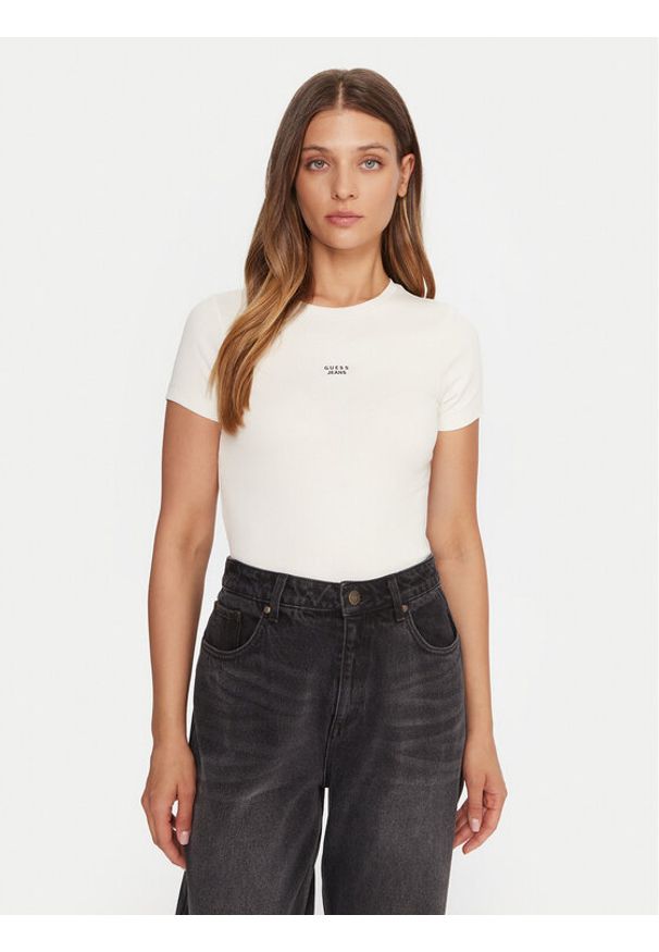 Guess Jeans T-Shirt W5BP45 KA0H1 Beżowy Slim Fit. Kolor: beżowy. Materiał: bawełna