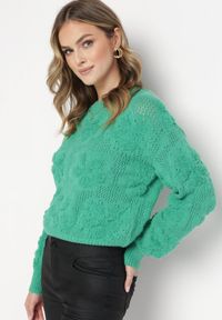 Born2be - Zielony Sweter z Wełną i Bawełną Ozdobiony Pluszowym Splotem Karada. Kolor: zielony. Materiał: bawełna, wełna. Wzór: ze splotem, aplikacja. Sezon: zima #4