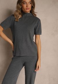 Renee - Szary Komplet z Dzianiny z Bawełną Spodnie Kardigan i T-shirt z Golfem Ralonia. Kolor: szary. Materiał: dzianina, bawełna #4