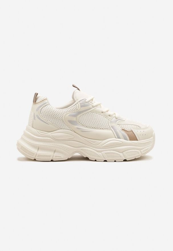Renee - Beżowe Sneakersy Vices na Platformie Ozdobione Tłoczeniem Natiselle. Okazja: na co dzień. Kolor: beżowy. Materiał: jeans. Wzór: aplikacja. Obcas: na platformie