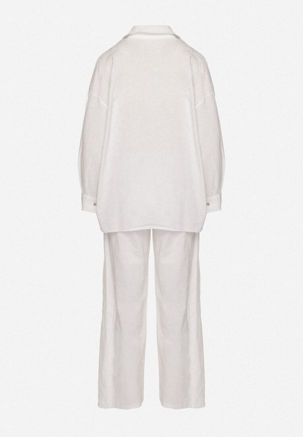 Born2be - Biały Komplet z Lnu i Bawełny Koszula i Szerokie Spodnie Fenelli. Kolor: biały. Materiał: bawełna, len