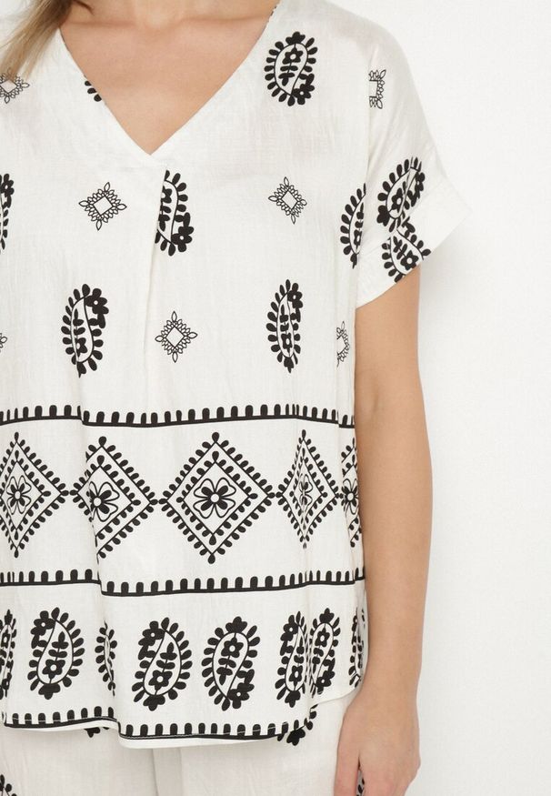 Born2be - Czarno-Biały Bawełniany Komplet Koszula i Szerokie Spodnie w Stylu Boho Ollirive. Kolor: biały. Materiał: bawełna. Wzór: aplikacja