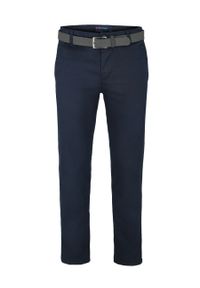 Volcano - Granatowe spodnie chino z paskiem, krój z prostą nogawką R-LUCKY. Kolor: niebieski. Materiał: materiał, elastan, jeans, bawełna. Sezon: wiosna, lato. Styl: klasyczny, elegancki