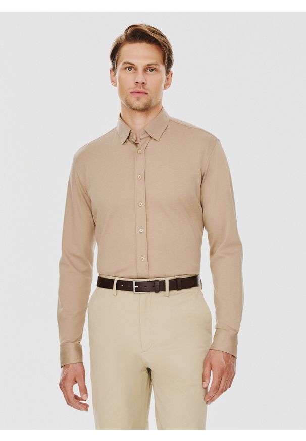 Pako Lorente - PAKO LORENTE – Beżowa bawełniana koszula męska. Kolor: zielony, beżowy. Materiał: bawełna. Długość rękawa: długi rękaw. Długość: długie. Wzór: gładki