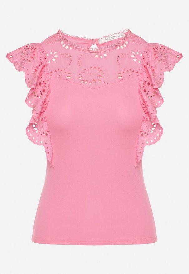 Born2be - Różowy Bluzka z Koronkową Falbanką Anda. Kolor: różowy. Materiał: koronka. Wzór: ażurowy, aplikacja
