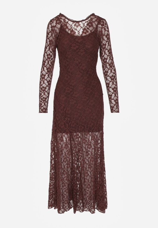 Renee - Brązowa Elegancka Sukienka z Koronki z Odkrytymi Plecami Lilafera. Okazja: na co dzień. Typ kołnierza: dekolt na plecach. Kolor: brązowy. Materiał: koronka. Długość rękawa: na ramiączkach. Wzór: koronka. Styl: elegancki