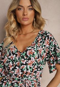 Renee - Czarno-Zielony Kombinezon z Dekoltem w Serek z Gumką w Talii i Materiałowym Paskiem Tessanda. Okazja: na co dzień. Kolor: czarny. Materiał: materiał. Styl: casual, elegancki #5