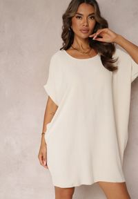 Renee - Beżowa Sukienka Mini o Fasonie Nietoperza z Okrągłym Dekoltem Maglia. Kolor: beżowy. Długość rękawa: krótki rękaw. Długość: mini #3