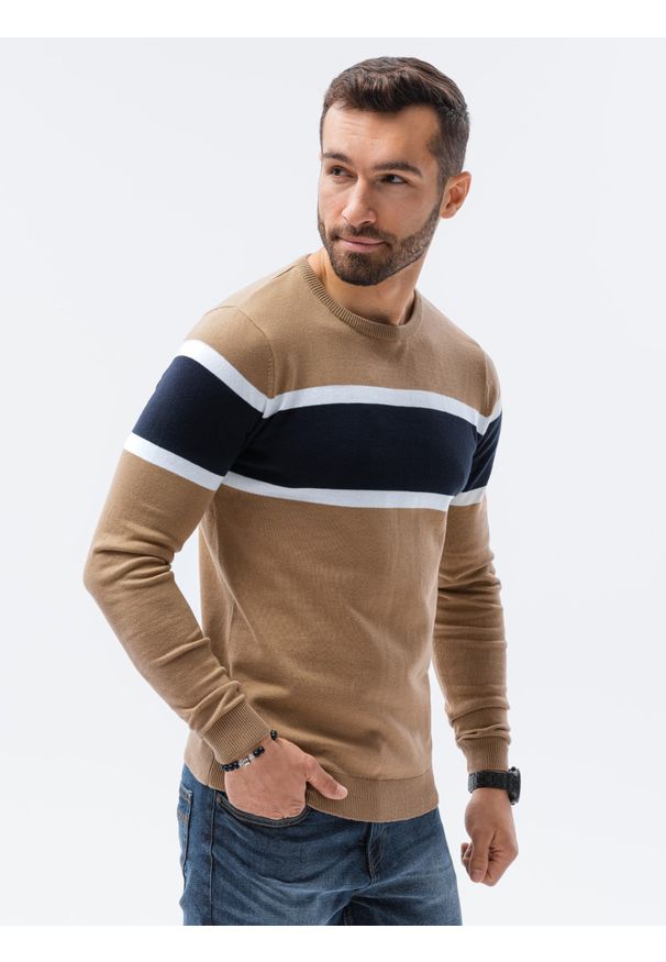 Ombre Clothing - Sweter męski E190 - camel - XXL. Materiał: jeans, bawełna. Styl: klasyczny