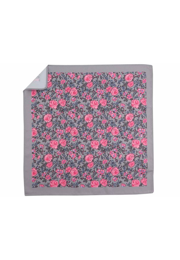 Adam Collection - Szara poszetka w różowe kwiaty E274. Kolor: szary, różowy, wielokolorowy. Wzór: kwiaty