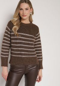 Born2be - Brązowy Sweter z Domieszką Wełny w Paski Lidavia. Okazja: na co dzień. Kolor: brązowy. Materiał: wełna. Wzór: paski. Styl: casual, klasyczny, elegancki