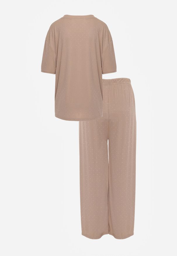 Born2be - Beżowy Komplet Oversize z Cyrkoniami T-shirt i Spodnie Arnatea. Kolor: beżowy. Wzór: aplikacja