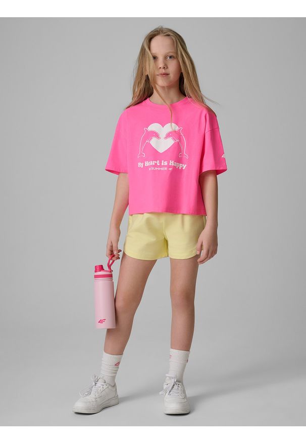 4f - 4F Spodenki dresowe dziewczęce - żółte 140 (9-10 lat). Kolor: żółty. Materiał: dresówka. Długość: krótkie. Sezon: lato