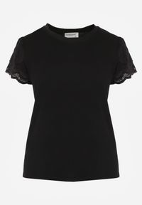 Renee - Czarny T-shirt z Bawełny z Rękawami z Koronki Hycis. Kolor: czarny. Materiał: bawełna, koronka. Wzór: koronka #2