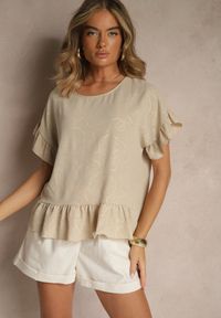 Renee - Beżowa Bluzka Oversize Ozdobiona Falbanami Liriele. Okazja: na co dzień. Kolor: beżowy. Materiał: jeans. Wzór: aplikacja. Styl: casual #4