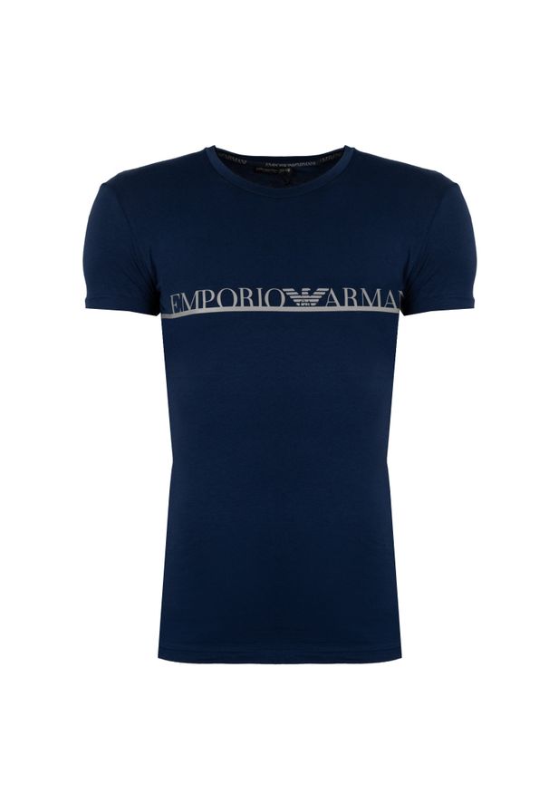 Emporio Armani T-shirt C-neck | 1110353F729 | Mężczyzna | Niebieski. Okazja: na co dzień. Kolor: niebieski. Materiał: bawełna, elastan. Wzór: napisy. Styl: klasyczny, casual
