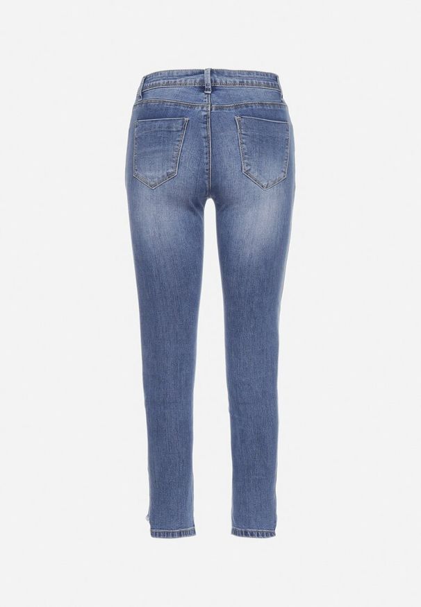Born2be - Niebieskie Jeansy Skinny z Koralikami i Rozcięciem na Dole Nogawek Olicema. Kolor: niebieski