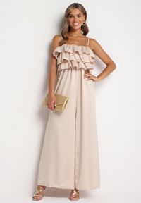 Born2be - Beżowy Kombinezon Koktajlowy na Regulowanych Ramiączkach z Falbankami i Gumką w Pasie Tesvia. Okazja: na co dzień. Kolor: beżowy. Długość rękawa: na ramiączkach. Styl: wizytowy #5