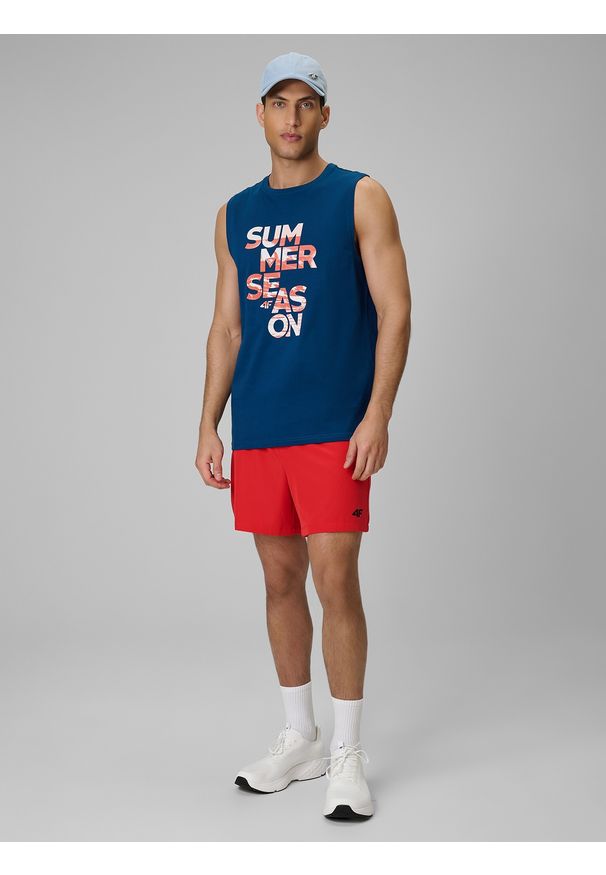 4f - 4F Koszulka bez rękawów regular z nadrukiem męska - turkusowa M. Kolor: turkusowy. Materiał: dzianina, bawełna. Długość rękawa: bez rękawów. Wzór: nadruk. Sezon: lato