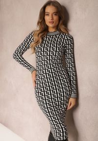 Renee - Czarno-Biała Sukienka Dzianinowa w Geometryczny Wzór z Półgolfem Warina. Okazja: do pracy. Kolor: czarny. Wzór: geometria. Typ sukienki: bodycon. Materiał: dzianina. Długość rękawa: długi rękaw. Sezon: jesień, zima. Styl: klasyczny. Długość: midi