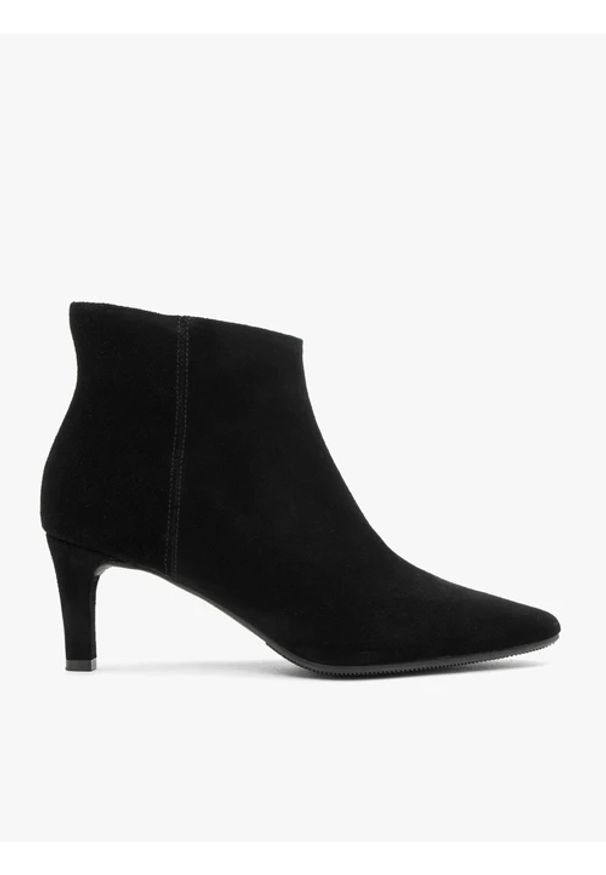 Ryłko - Czarne welurowe botki na szpilce. Wysokość cholewki: za kostkę. Zapięcie: zamek. Kolor: czarny. Materiał: skóra, welur. Szerokość cholewki: normalna. Obcas: na szpilce. Styl: street, klasyczny, wizytowy. Wysokość obcasa: średni