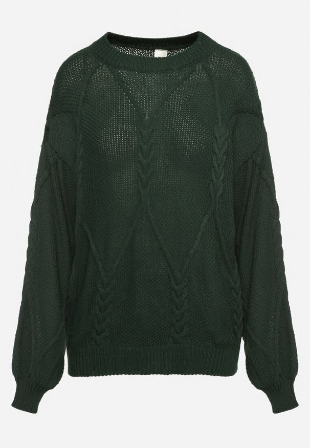 Born2be - Ciemnozielony Sweter Ozdobiony Ściągaczami i Splotem Temirene. Okazja: na co dzień. Kolor: zielony. Materiał: jeans, dzianina. Wzór: ze splotem, aplikacja. Styl: casual