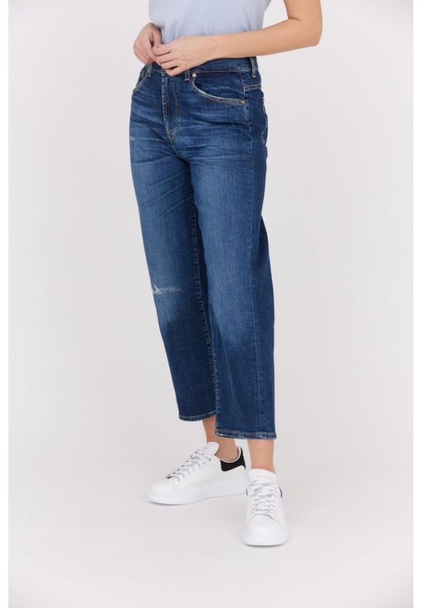 7 FOR ALL MANKIND Granatowe jeansy z poszerzoną nogawką i przetarciami THE MODERN STRAIGHT HERO. Kolor: niebieski