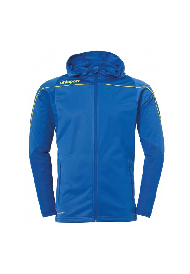 UHLSPORT - Kurtka dziecięca z kapturem Uhlsport Stream 22. Typ kołnierza: kaptur. Kolor: wielokolorowy, niebieski, żółty. Materiał: dresówka. Sport: piłka nożna