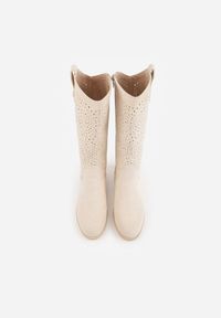 Renee - Beżowe Ażurowe Botki z Geometryczną Ozdobą Naeraste. Okazja: na co dzień. Kolor: beżowy. Materiał: jeans. Wzór: geometria, ażurowy, aplikacja. Styl: casual #9