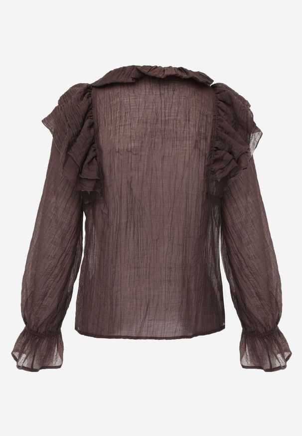 Renee - Brązowa Bluzka z Lyocellem w Stylu Boho z Wiązaniem pod Szyją i Falbanami Tasimi. Okazja: na co dzień. Kolor: brązowy. Materiał: jeans. Styl: boho