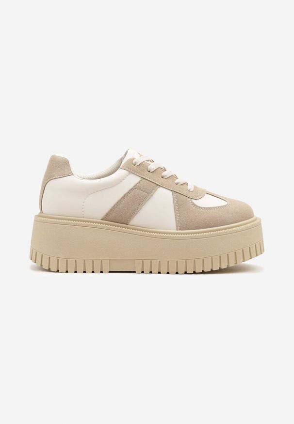 Renee - Beżowe Sneakersy na Platformie Ozdobione Paskiem Vivesse. Okazja: na co dzień. Zapięcie: pasek. Kolor: beżowy. Materiał: jeans. Wzór: aplikacja. Obcas: na platformie