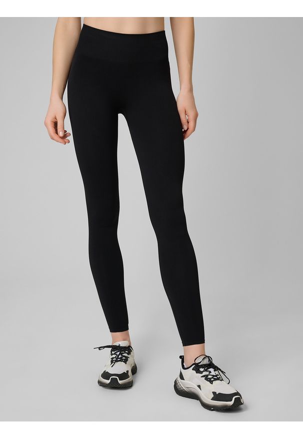 4f - 4F Legginsy treningowe bezszwowe damskie - czarne M/L. Stan: podwyższony. Kolor: czarny. Materiał: skóra. Długość: długie. Sport: fitness