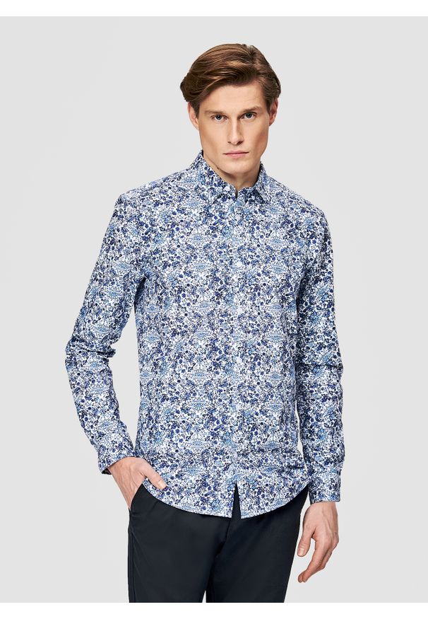 Pako Lorente - PAKO LORENTE - Koszula męska w niebieskie kwiaty. Typ kołnierza: kołnierzyk klasyczny. Kolor: niebieski. Materiał: elastan, bawełna. Długość rękawa: długi rękaw. Długość: długie. Wzór: kwiaty. Styl: klasyczny, młodzieżowy