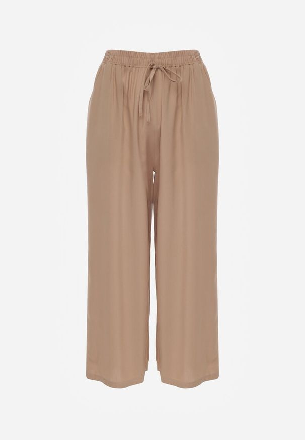 Renee - Ciemnobeżowe Spodnie z Bawełny Typu Palazzo z Gumką w Talii Fieana. Okazja: na spacer. Kolor: beżowy. Materiał: bawełna