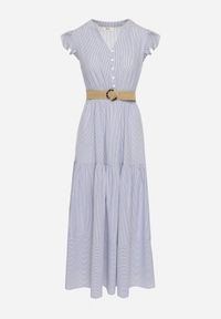 Born2be - Niebieska Bawełniana Sukienka Boho o Rozkloszowanym Kroju z Paskiem z Klamrą Iffalisse. Okazja: na spacer. Kolor: niebieski. Materiał: bawełna. Wzór: aplikacja. Typ sukienki: rozkloszowane. Styl: boho