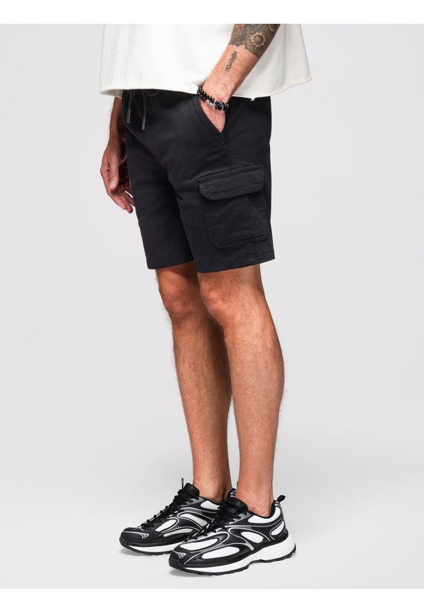 Ombre Clothing - Męskie spodenki bawełniane cargo z elastycznym pasem – czarne V4 - Rozmiar: L. Okazja: na co dzień. Kolor: czarny. Materiał: bawełna. Sezon: lato. Styl: casual