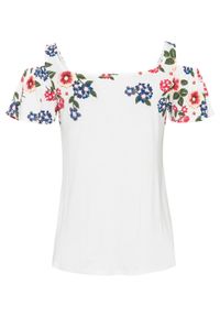 Shirt cold-shoulder z nadrukiem bonprix biel wełny w kwiaty. Kolor: biały. Materiał: wełna. Wzór: kwiaty, nadruk #2