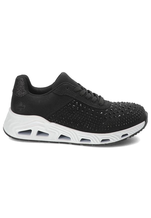 Czarne Sneakersy Rieker Stylowe Obuwie Damskie. Okazja: na co dzień. Kolor: czarny. Materiał: skóra ekologiczna. Wzór: aplikacja. Styl: elegancki