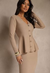 Renee - Beżowy Dzianinowy Komplet z Wiskozą Elegancki Kardigan i Spódnica Unalaia. Kolor: beżowy. Materiał: wiskoza, dzianina #4
