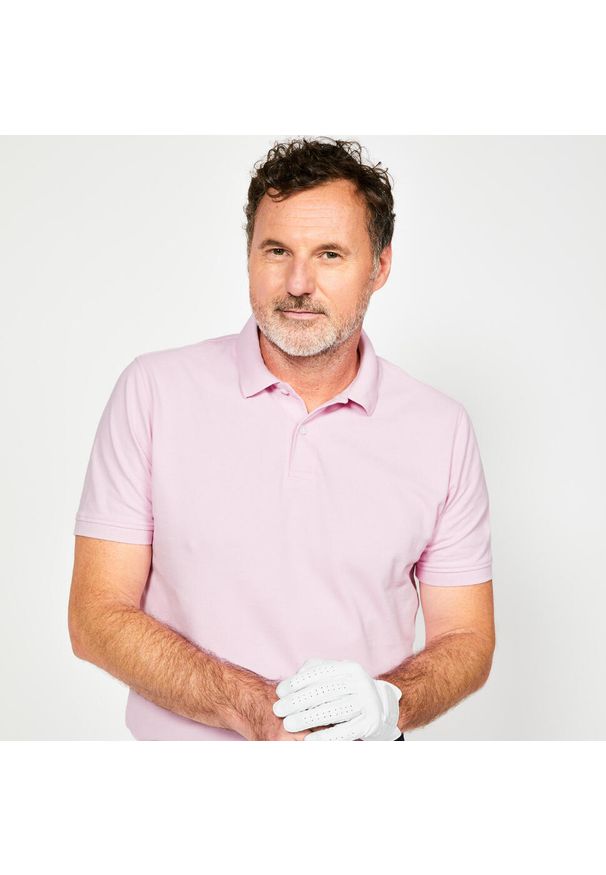 INESIS - Koszulka polo do golfa z krótkim rękawem męska Inesis MW500. Typ kołnierza: golf, polo. Kolor: różowy. Materiał: bawełna, materiał, poliester. Długość rękawa: krótki rękaw. Długość: krótkie. Wzór: ze splotem. Styl: klasyczny
