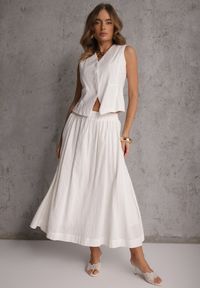 Renee - Biały Komplet z Bawełny Kamizelka i Spódnica o Rozkloszowanym Kroju Movenae. Kolor: biały. Materiał: bawełna. Wzór: geometria #1