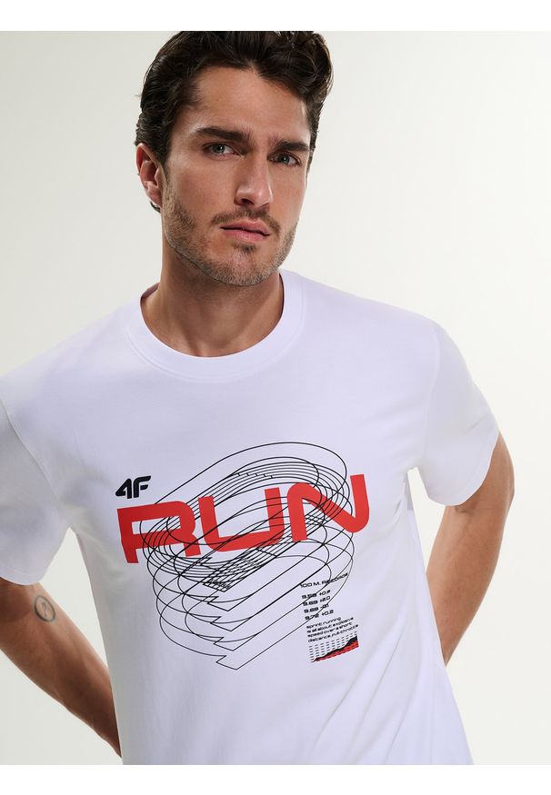 4f - 4F T-shirt regular z nadrukiem męski - biały L. Okazja: na co dzień. Kolor: biały. Materiał: jeans, materiał, dresówka, bawełna. Wzór: nadruk. Styl: casual, klasyczny