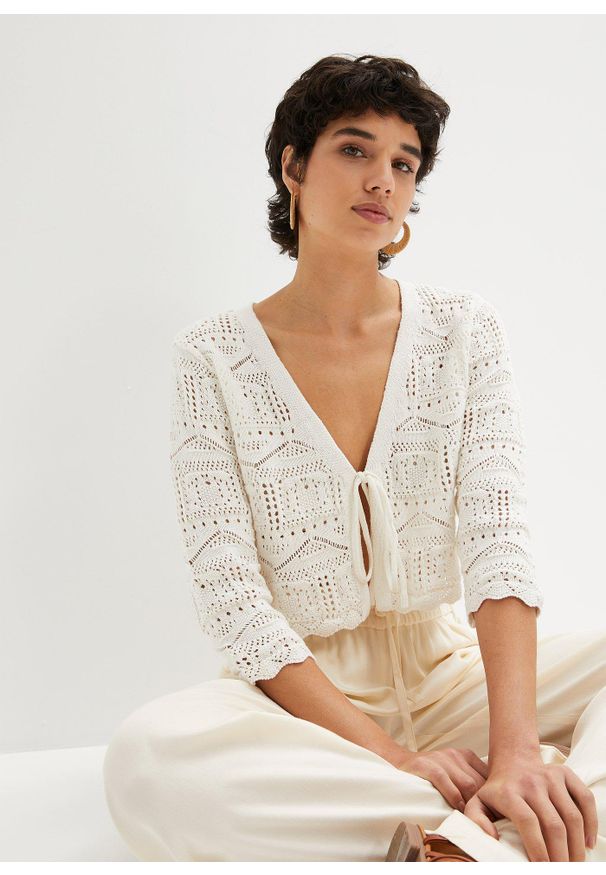 bonprix - Bolerko ażurowe. Kolor: biały. Długość rękawa: krótki rękaw. Długość: krótkie. Wzór: ażurowy